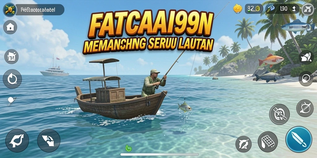 Screenshot menampilkan pemain tengah menangkap ikan di lautan.