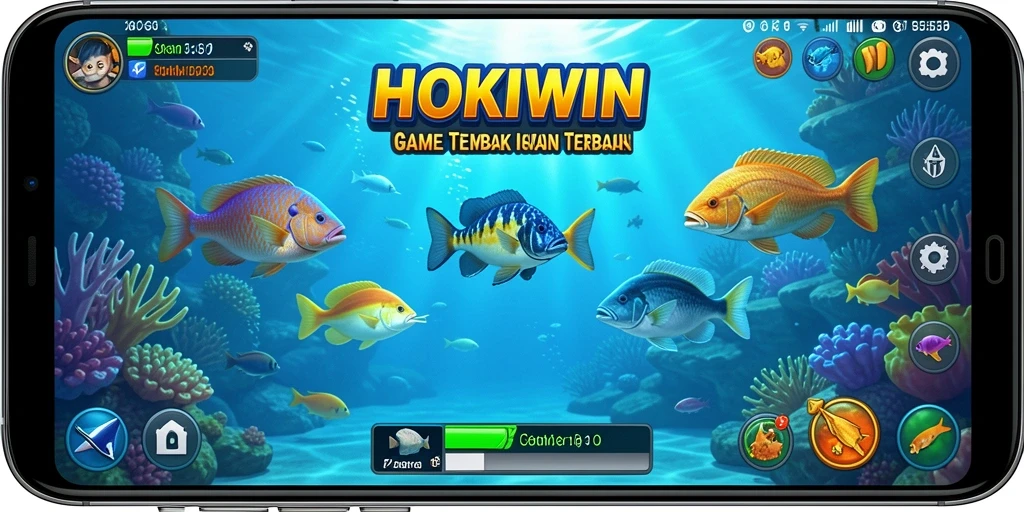 Tampilan gameplay HOKIWIN dengan ikan beragam yang bisa ditangkap.