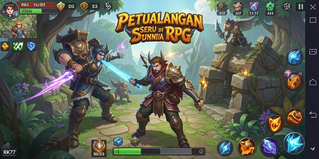 Tangkapan layar gameplay RPG menampilkan karakter dalam pertarungan epik.