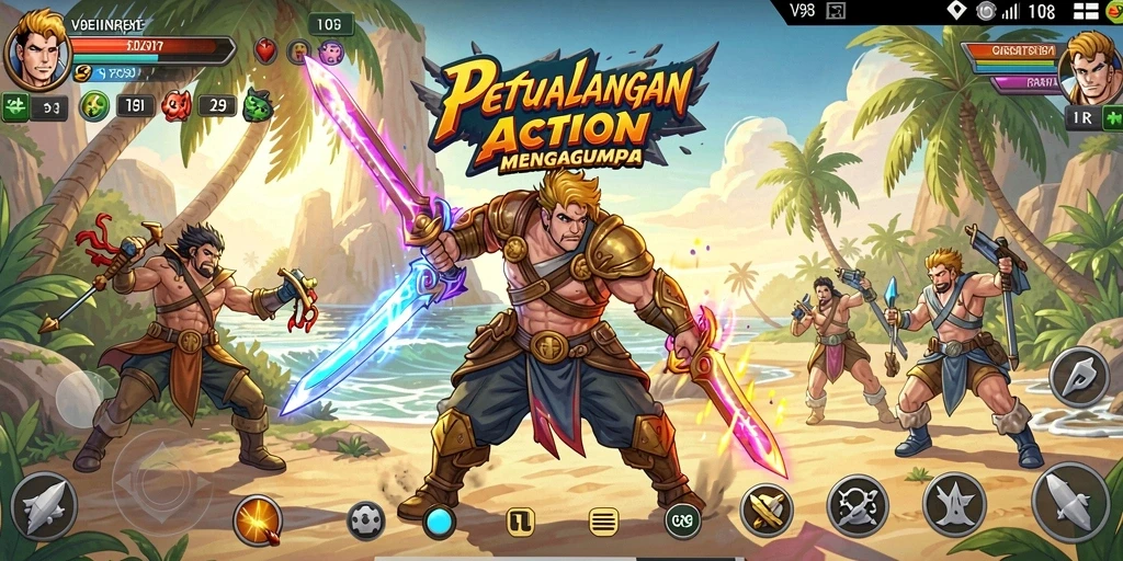 Tangkapan layar gameplay V98 menampilkan aksi mendebarkan dan pertarungan intens.